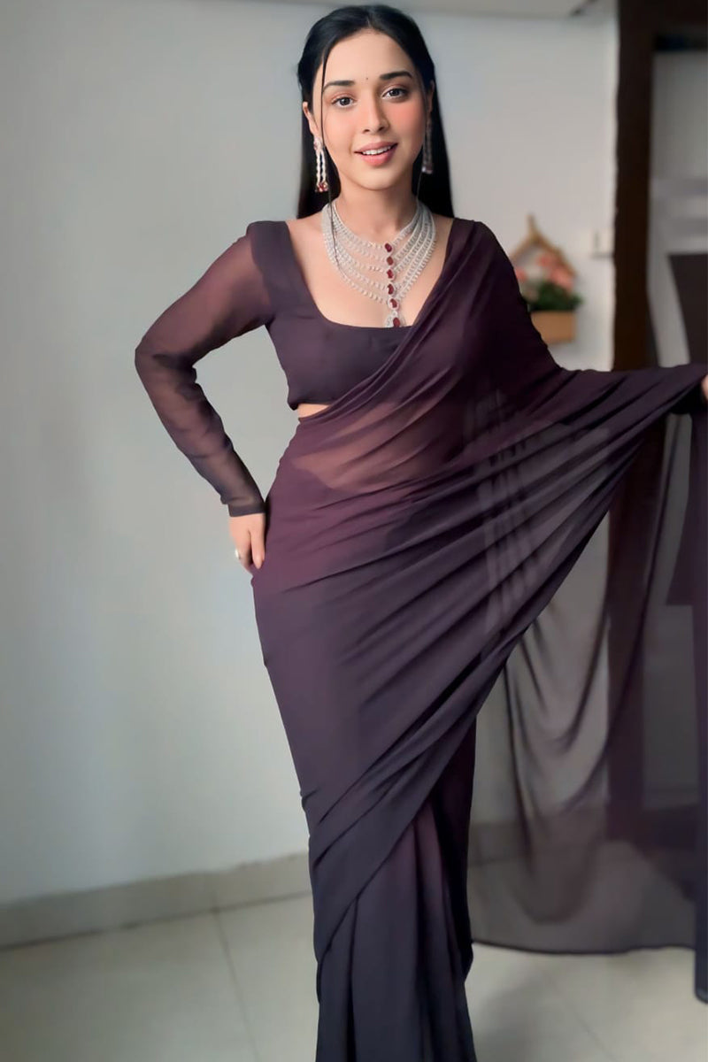 Stunning 1-Minute Ready To Wear Brown Georgette Saree