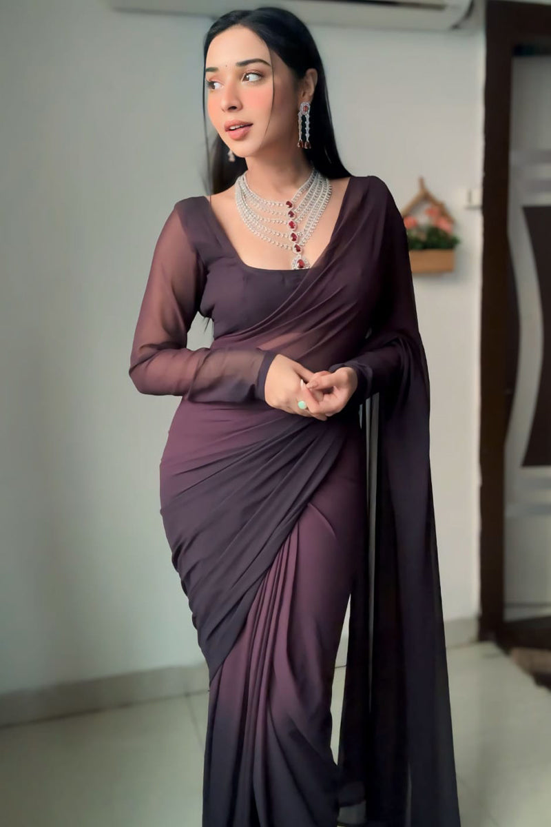 Stunning 1-Minute Ready To Wear Brown Georgette Saree