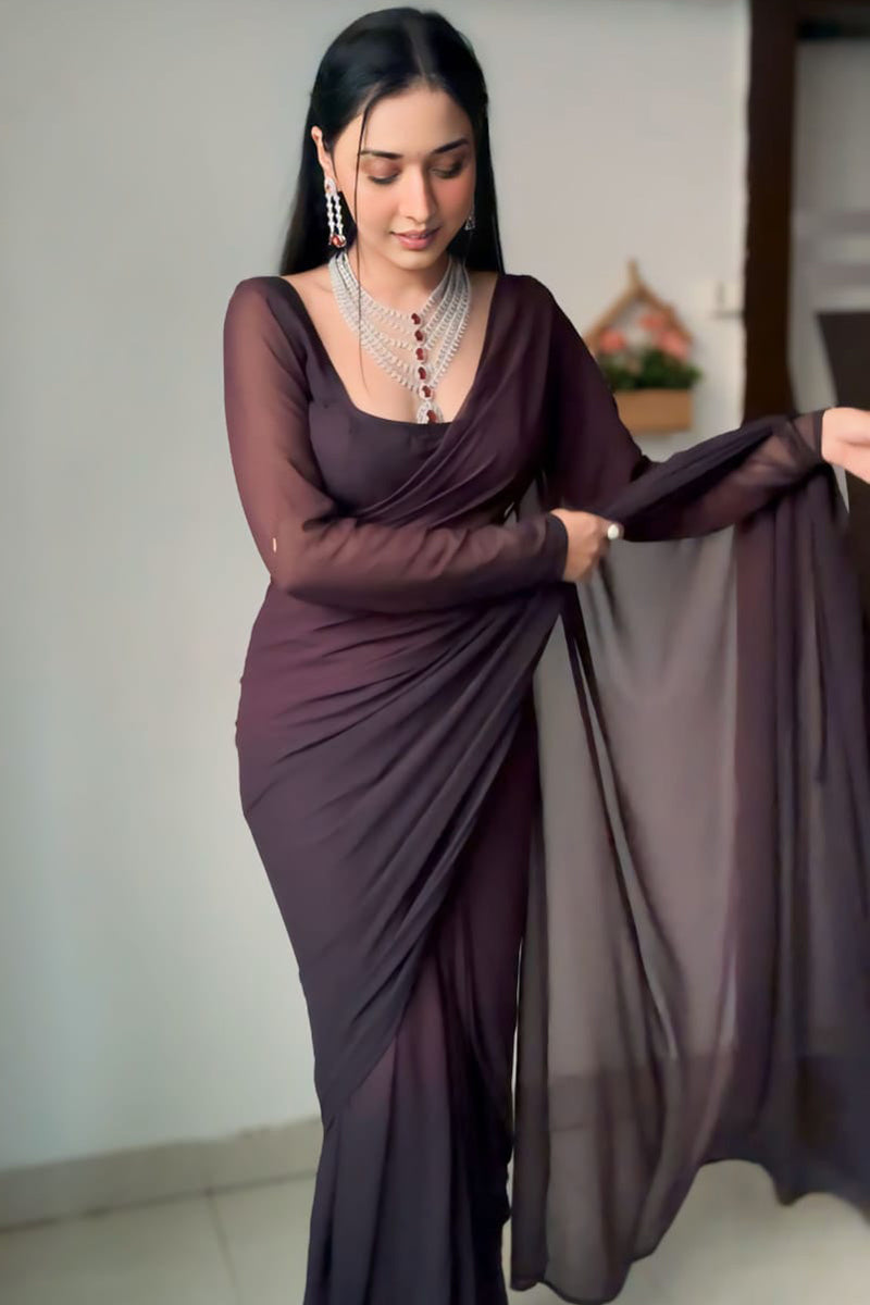 Stunning 1-Minute Ready To Wear Brown Georgette Saree