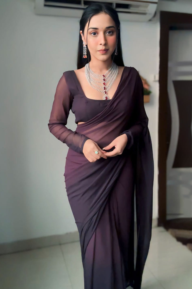 Stunning 1-Minute Ready To Wear Brown Georgette Saree