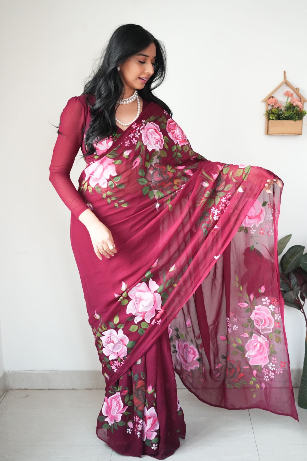 Amiable 1-Minute Ready To Wear Maroon Georgette Saree
