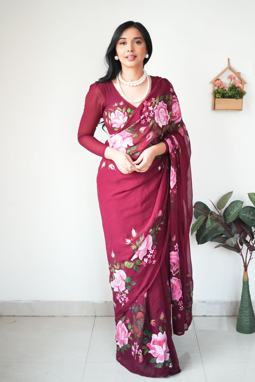 Amiable 1-Minute Ready To Wear Maroon Georgette Saree