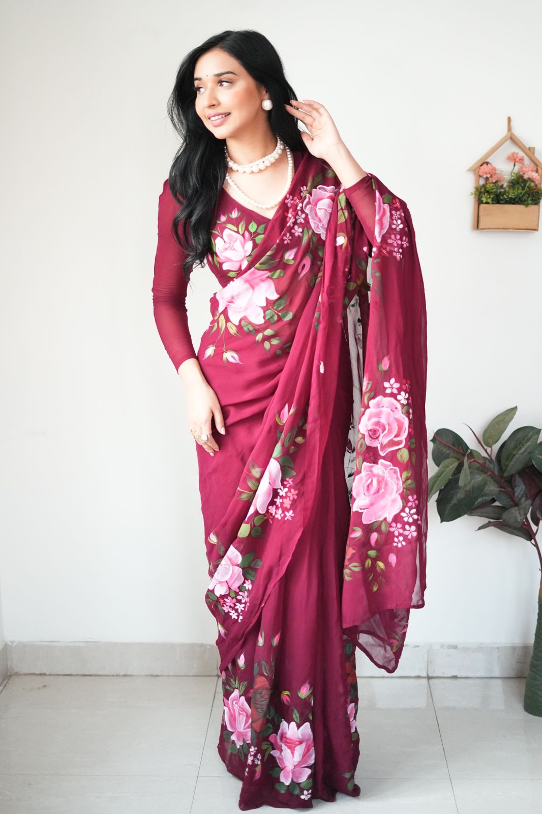 Amiable 1-Minute Ready To Wear Maroon Georgette Saree