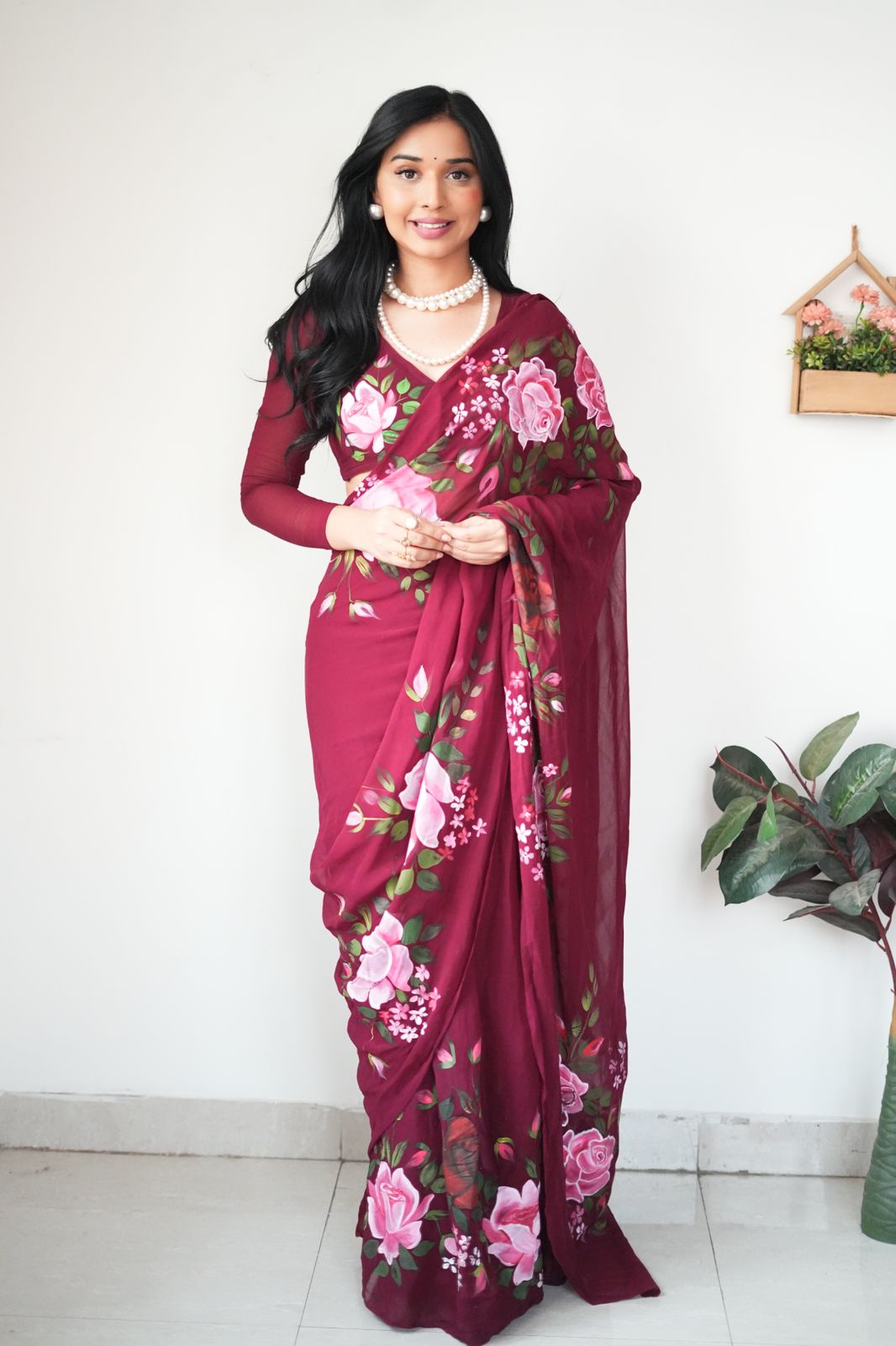 Amiable 1-Minute Ready To Wear Maroon Georgette Saree