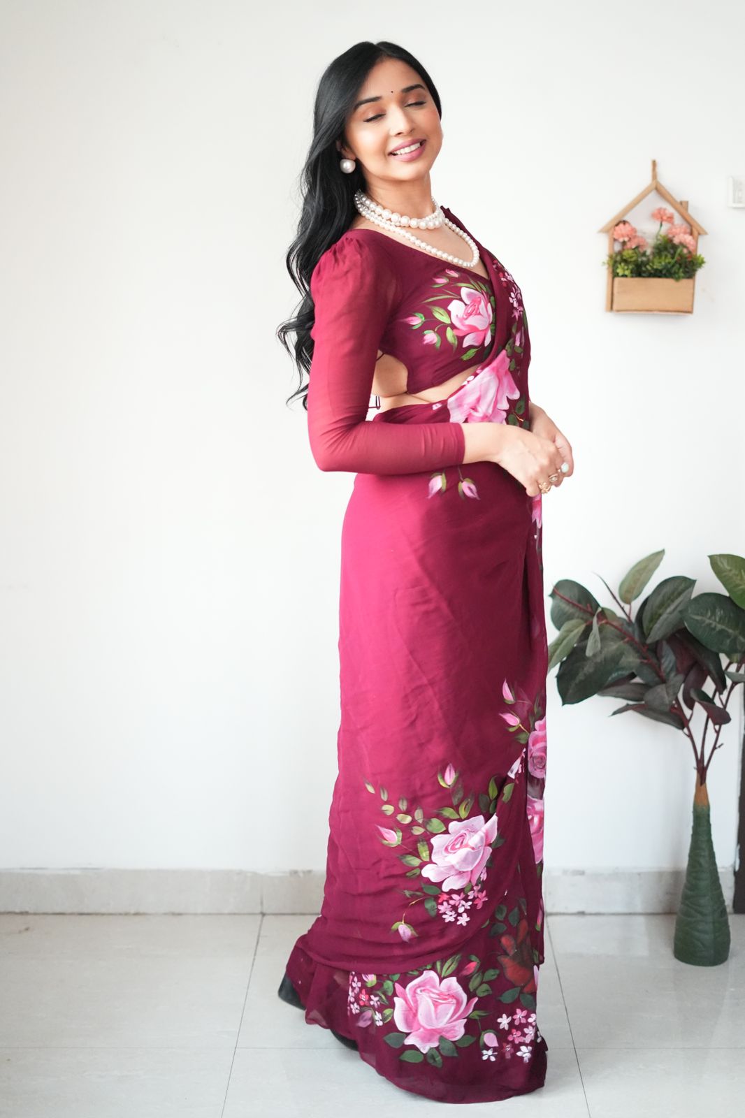 Amiable 1-Minute Ready To Wear Maroon Georgette Saree