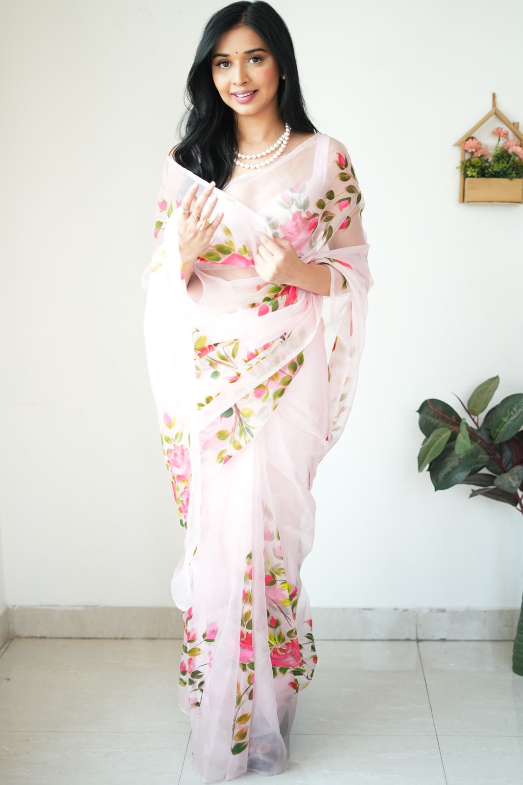 Forbearance 1-Minute Ready To Wear Baby Pink Organza Silk Saree