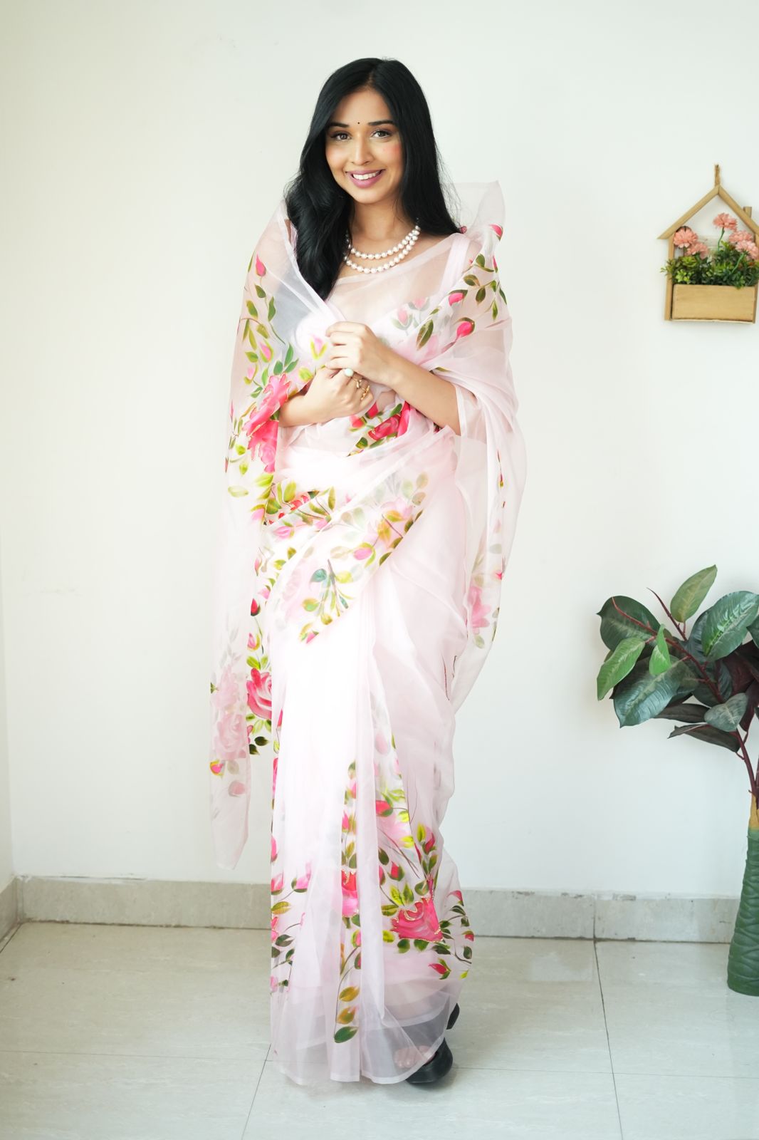 Forbearance 1-Minute Ready To Wear Baby Pink Organza Silk Saree