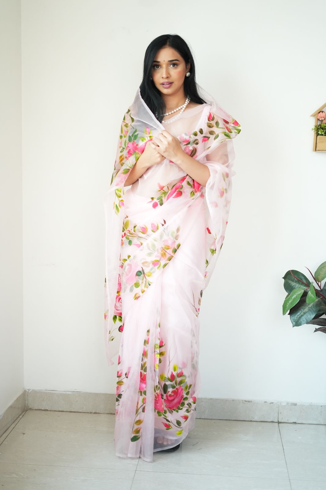 Forbearance 1-Minute Ready To Wear Baby Pink Organza Silk Saree