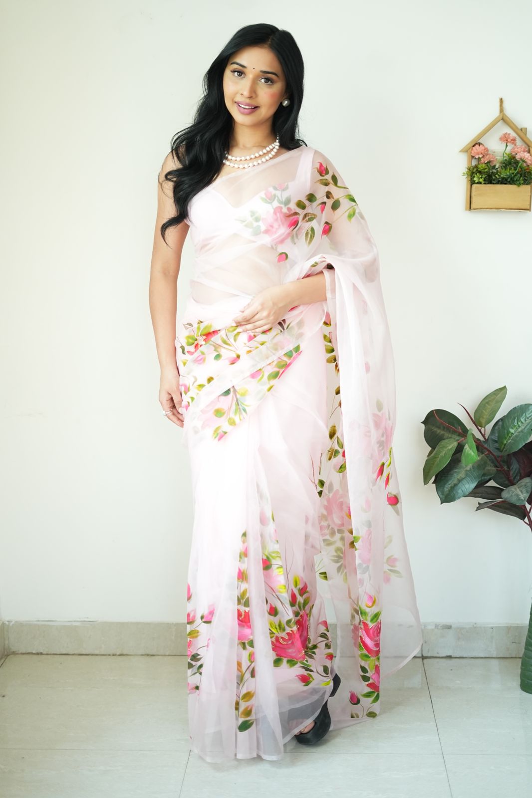 Forbearance 1-Minute Ready To Wear Baby Pink Organza Silk Saree