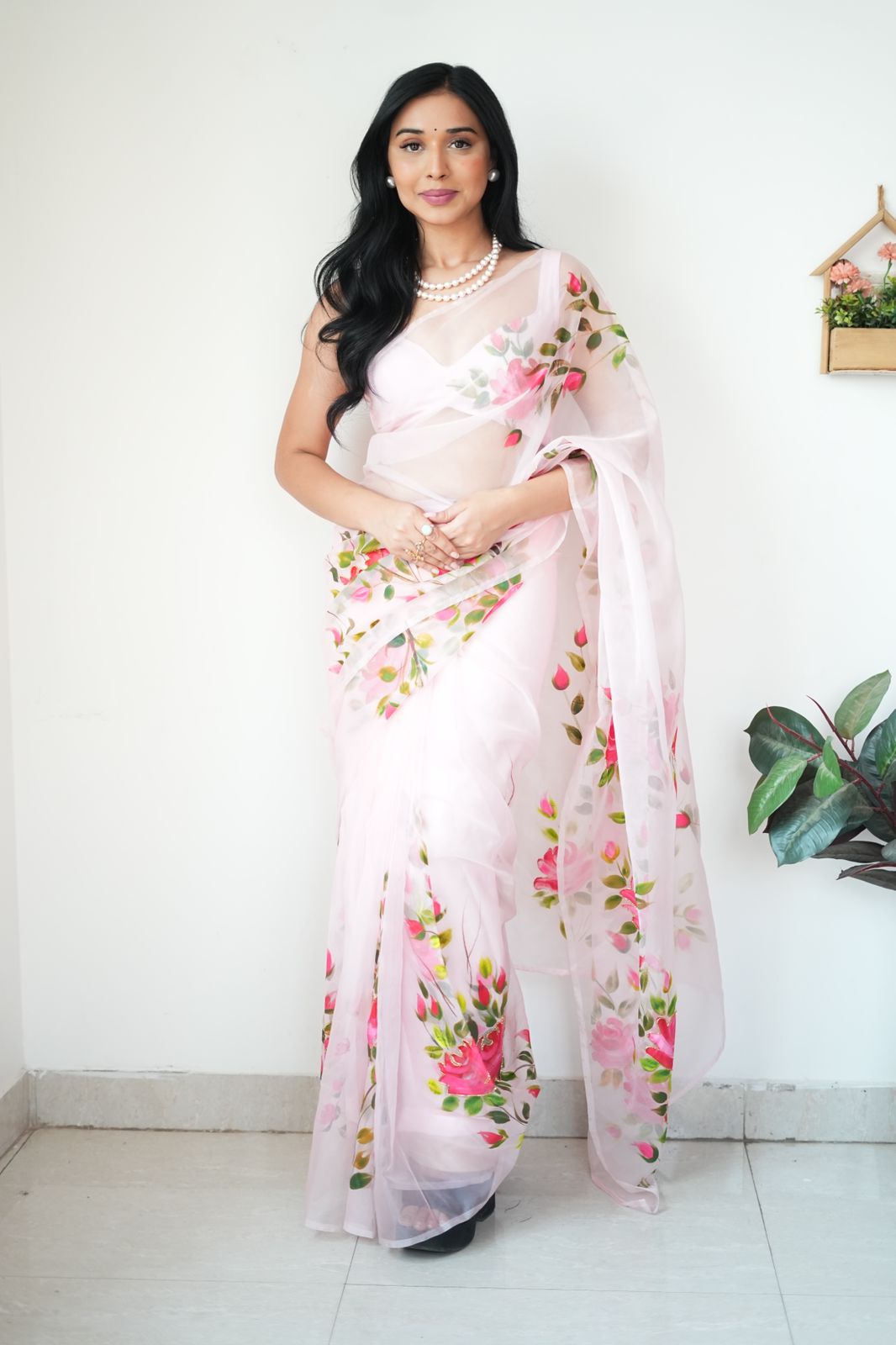 Forbearance 1-Minute Ready To Wear Baby Pink Organza Silk Saree
