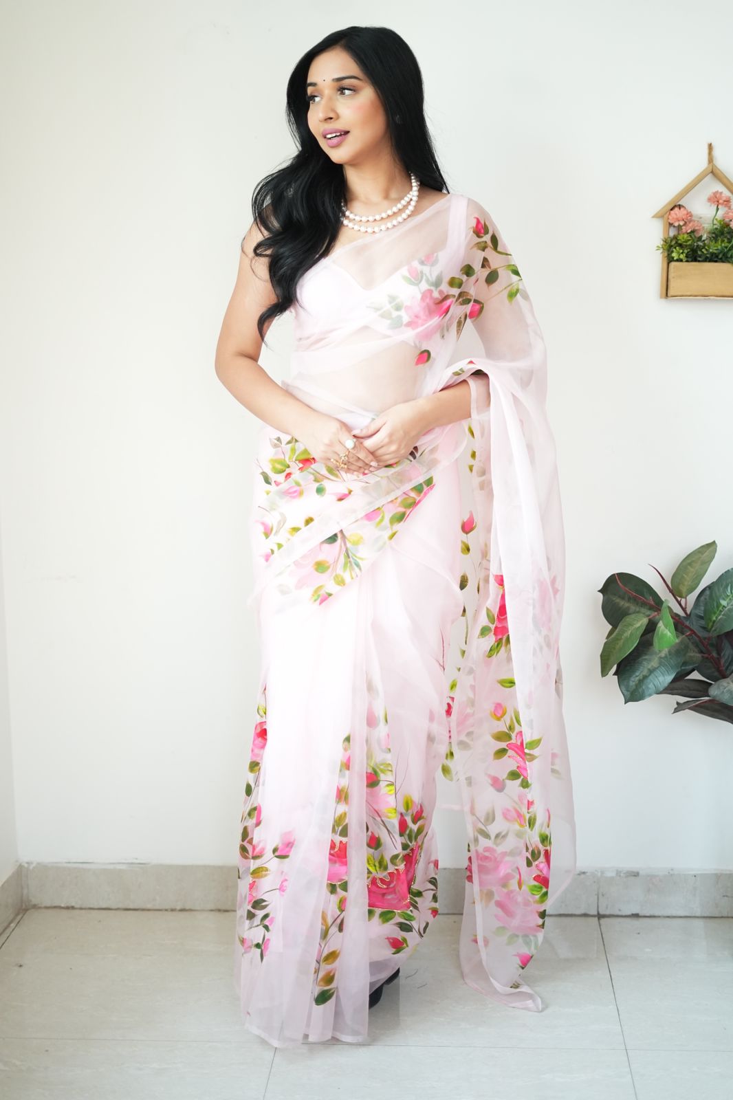 Forbearance 1-Minute Ready To Wear Baby Pink Organza Silk Saree
