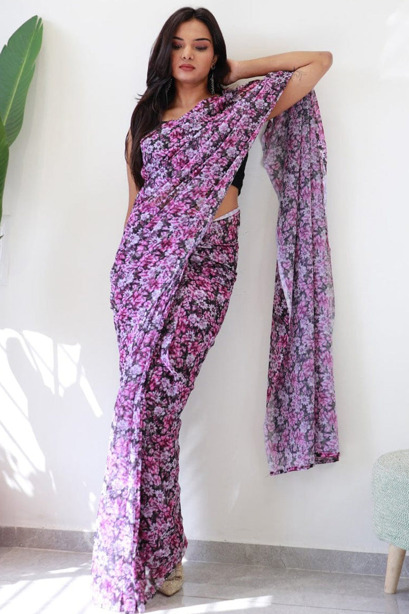 Splendiferous 1-Minute Ready To Wear Purple Georgette Saree