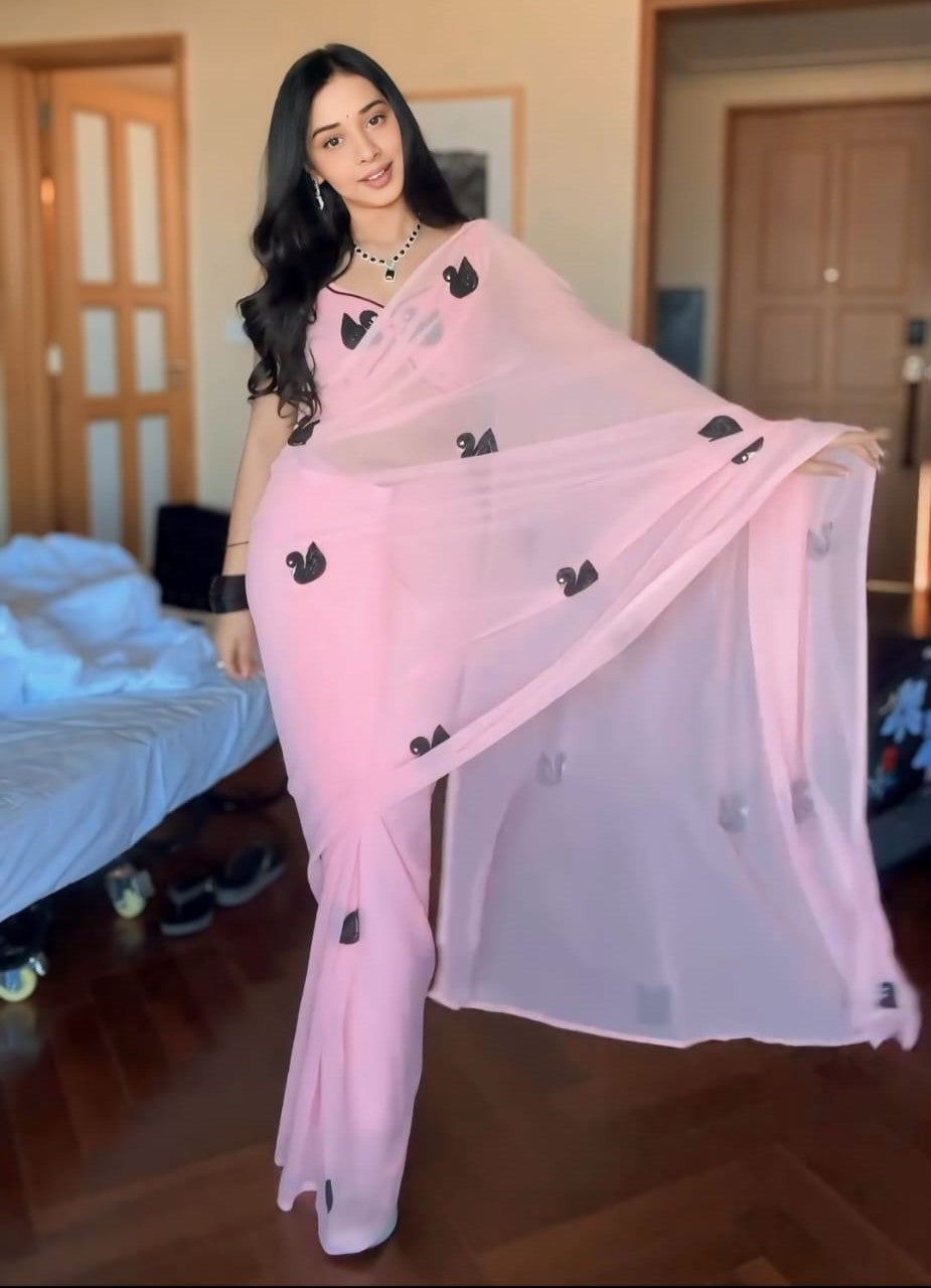 Stunner 1-Minute Ready To Wear Pink Georgette Saree