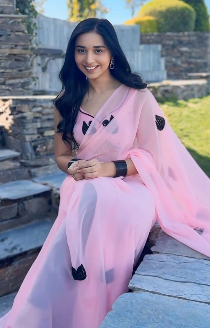 Stunner 1-Minute Ready To Wear Pink Georgette Saree