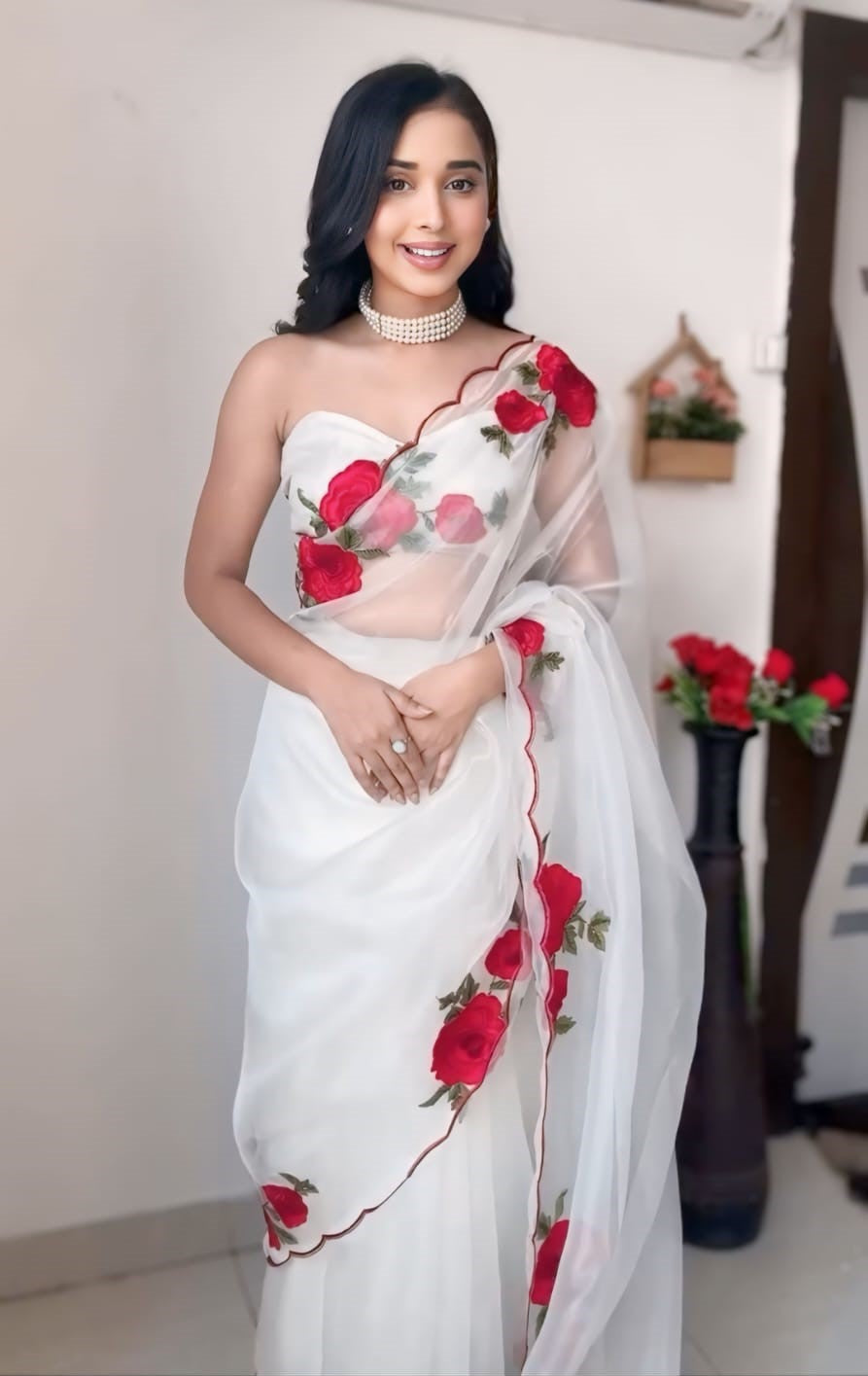 Felicitous 1-Minute Ready To Wear Off White Organza Silk Saree