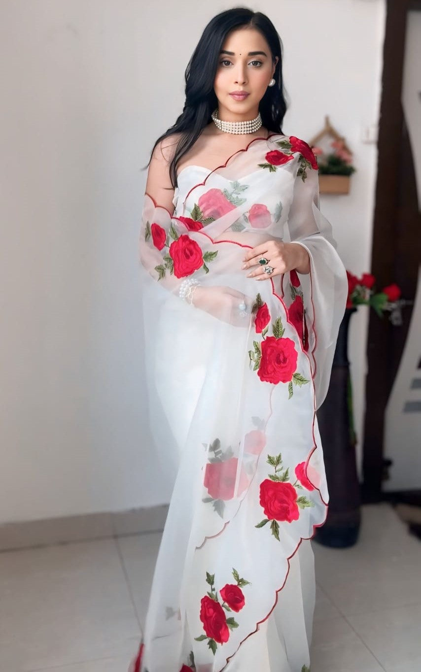 Felicitous 1-Minute Ready To Wear Off White Organza Silk Saree