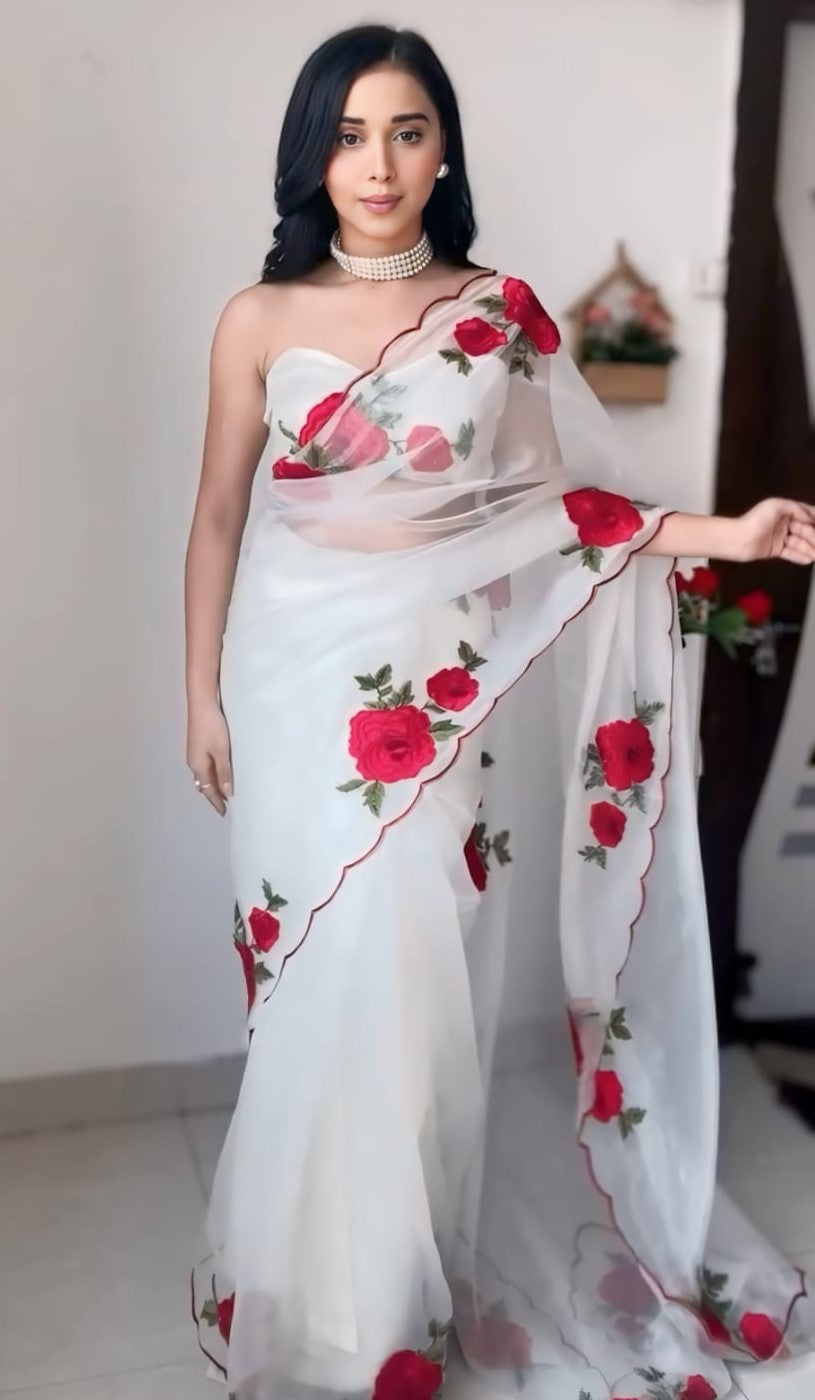 Felicitous 1-Minute Ready To Wear Off White Organza Silk Saree