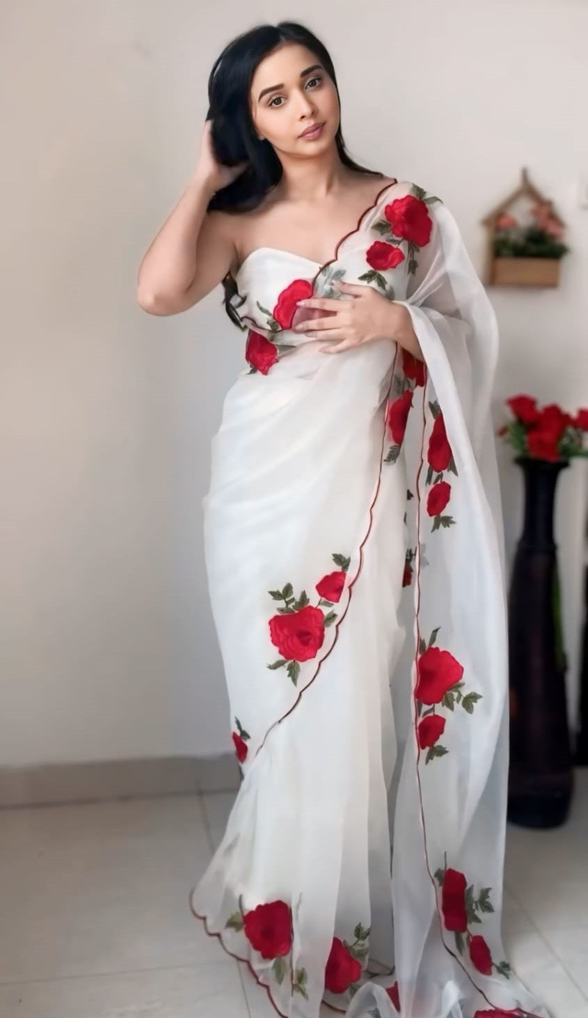 Felicitous 1-Minute Ready To Wear Off White Organza Silk Saree