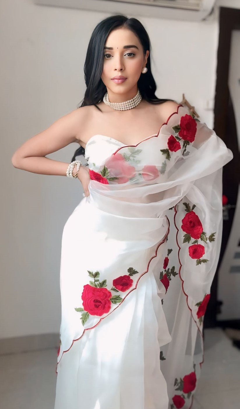 Felicitous 1-Minute Ready To Wear Off White Organza Silk Saree