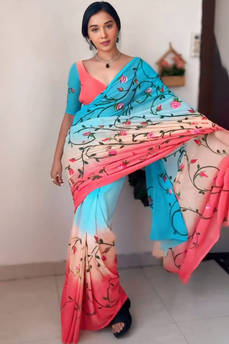 Precious 1-Minute Ready To Wear Firozi and Pink Georgette Saree