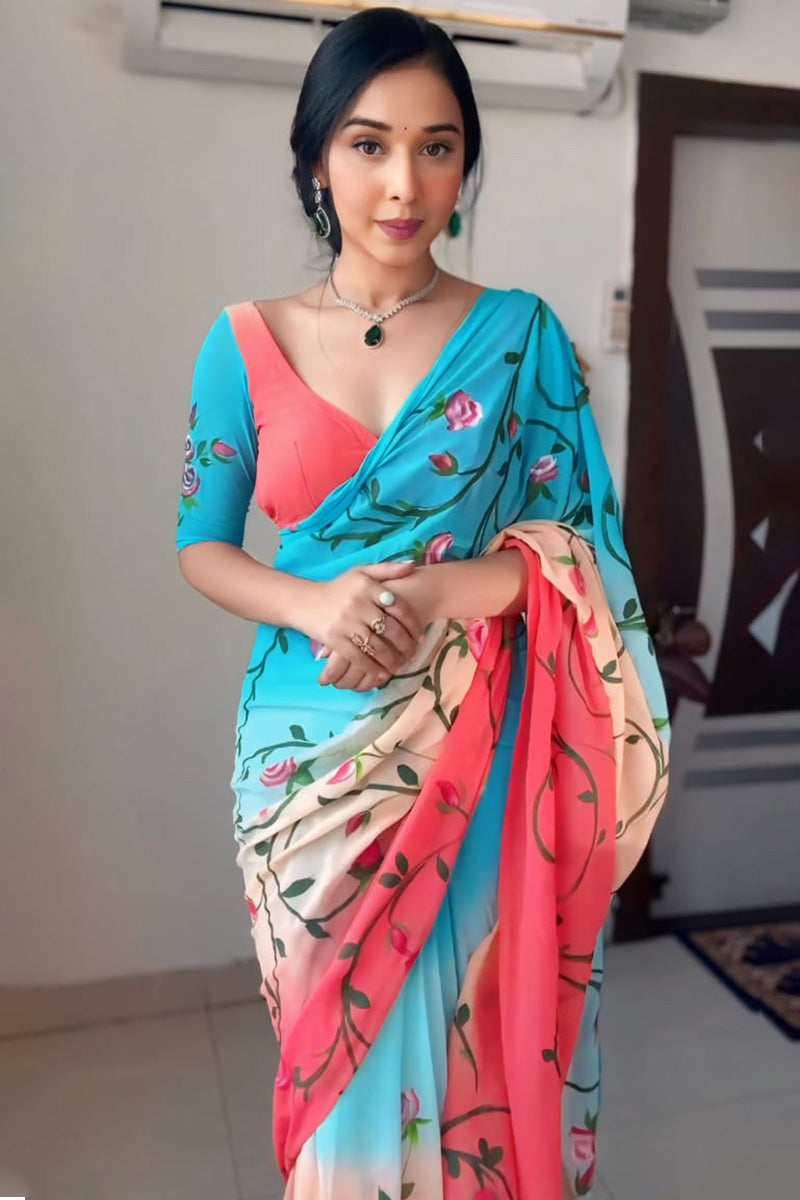 Precious 1-Minute Ready To Wear Firozi and Pink Georgette Saree