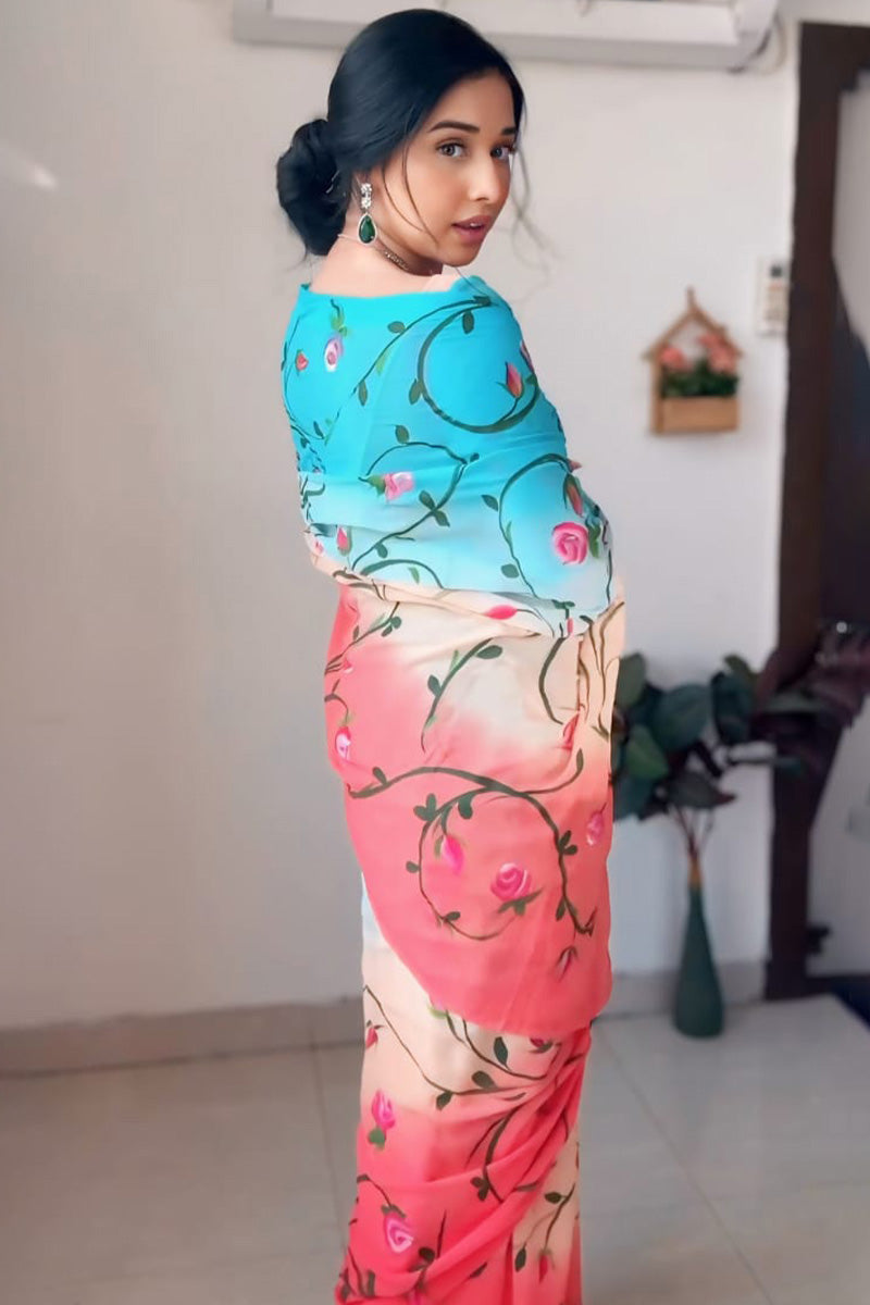 Precious 1-Minute Ready To Wear Firozi and Pink Georgette Saree