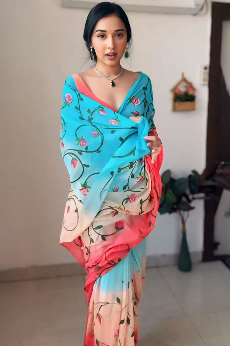 Precious 1-Minute Ready To Wear Firozi and Pink Georgette Saree