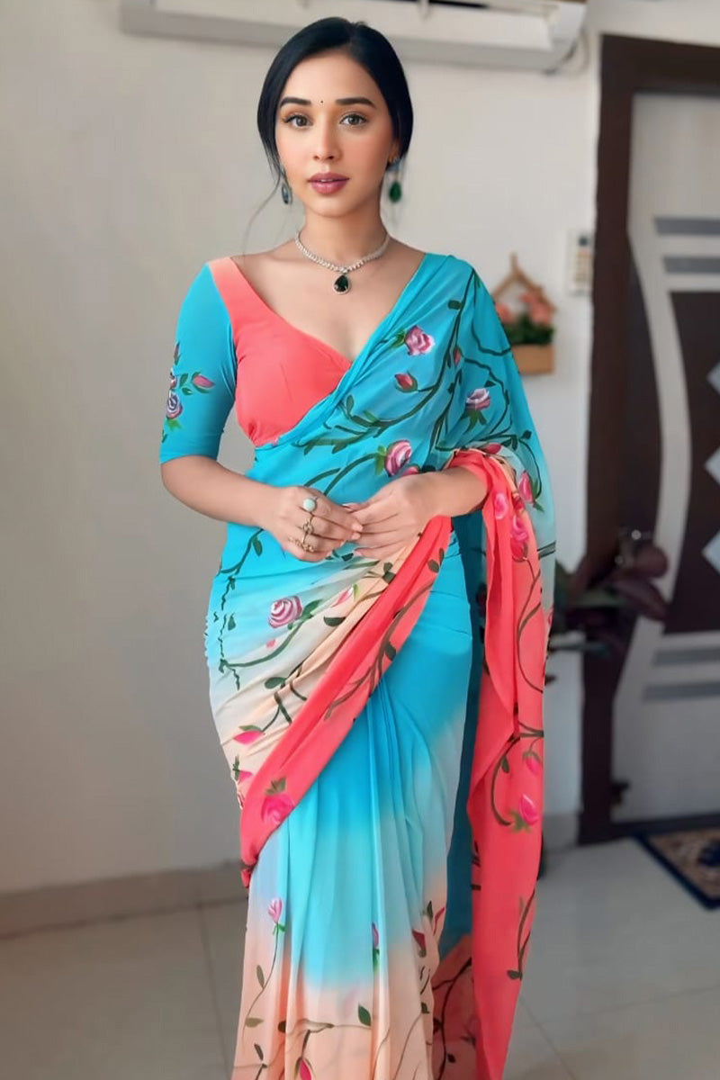 Precious 1-Minute Ready To Wear Firozi and Pink Georgette Saree
