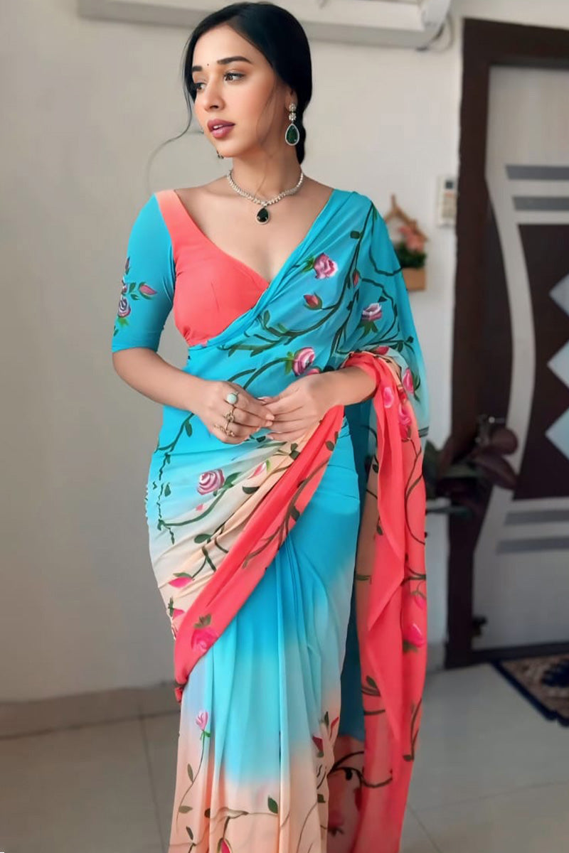 Precious 1-Minute Ready To Wear Firozi and Pink Georgette Saree