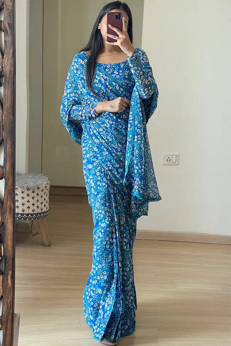 Alluring 1-Minute Ready To Wear Blue Georgette Saree