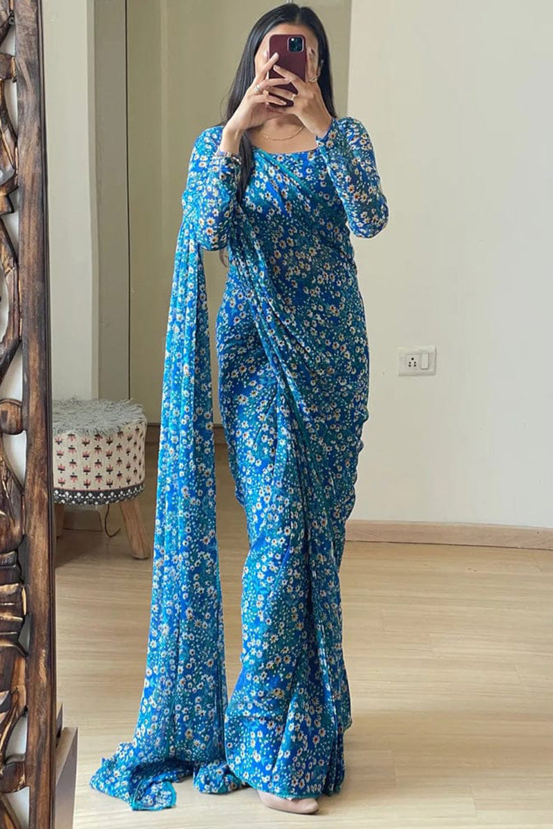 Alluring 1-Minute Ready To Wear Blue Georgette Saree