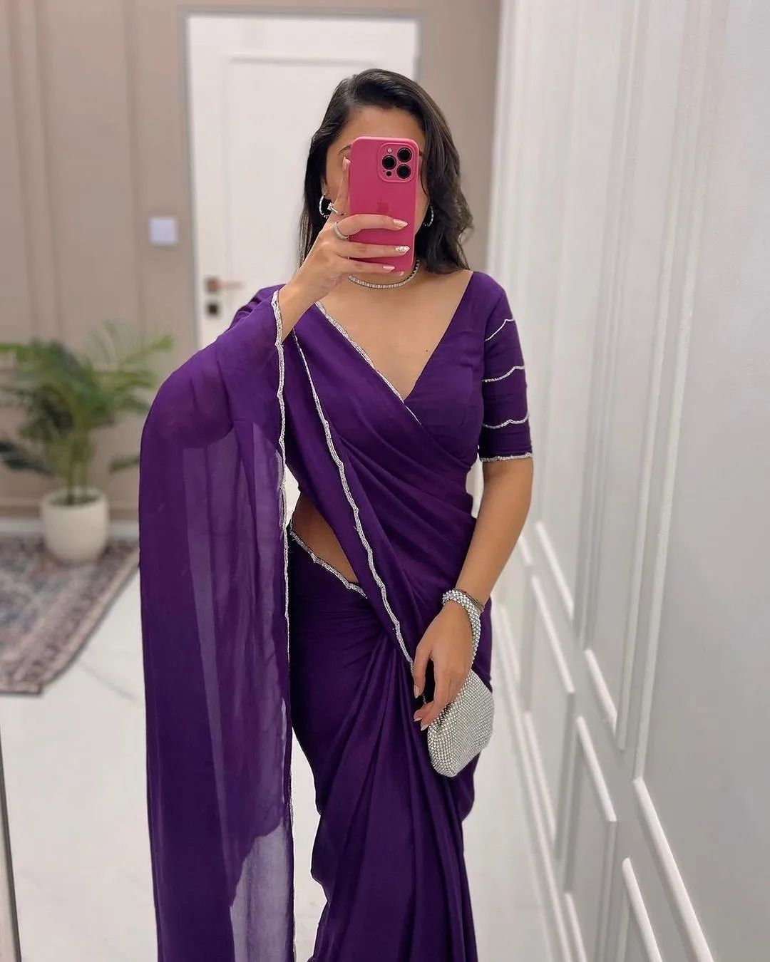 Comely 1-Minute Ready To Wear Purple Georgette Saree