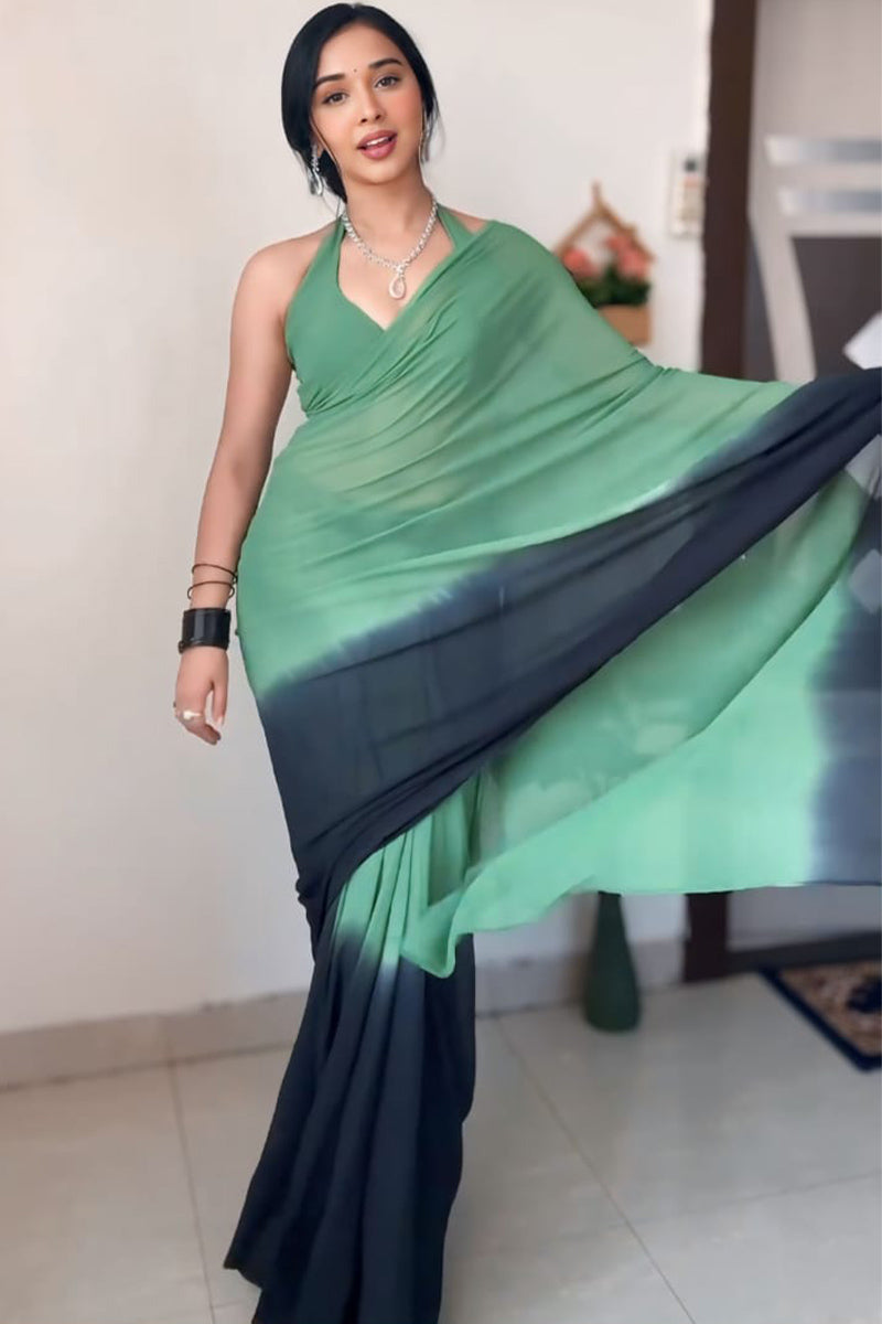 Most Sizzling 1-Minute Ready To Wear Green and Black Georgette Saree