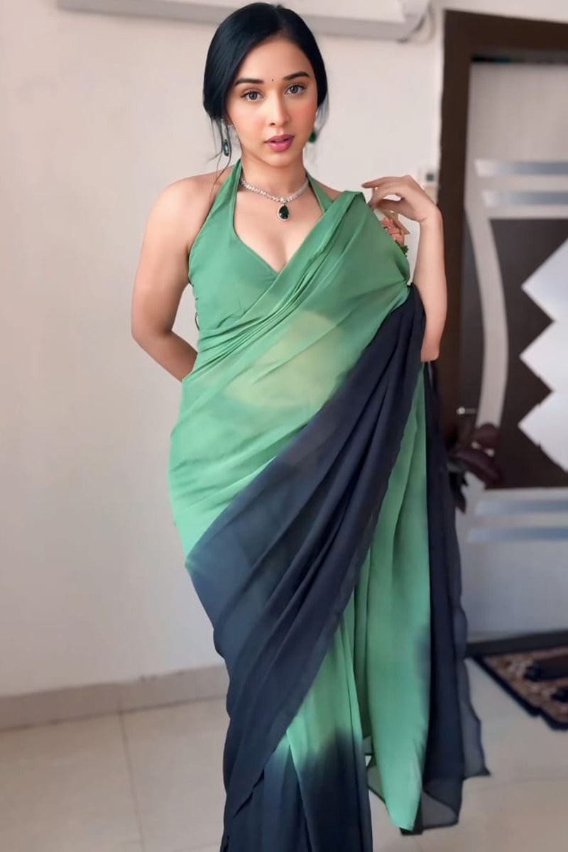 Most Sizzling 1-Minute Ready To Wear Green and Black Georgette Saree