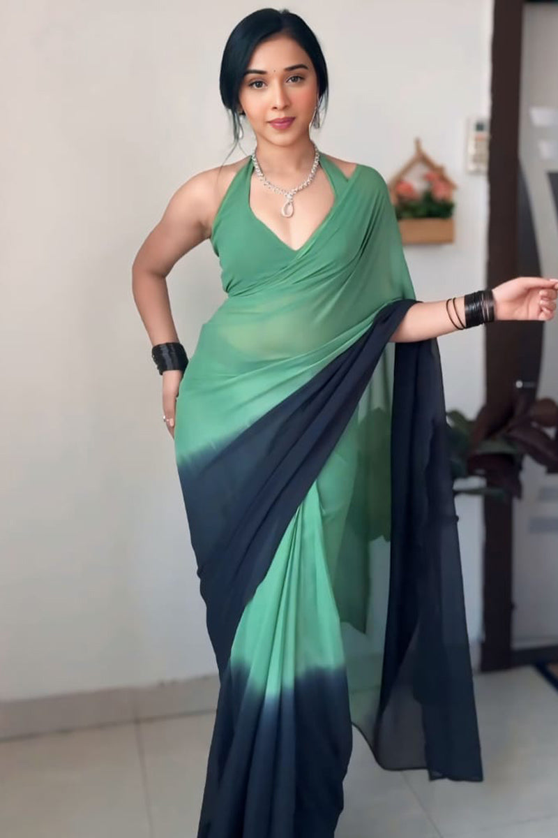 Most Sizzling 1-Minute Ready To Wear Green and Black Georgette Saree