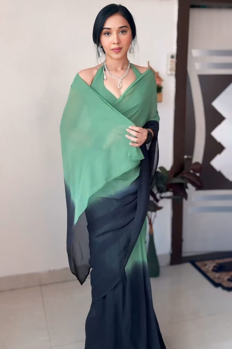 Most Sizzling 1-Minute Ready To Wear Green and Black Georgette Saree