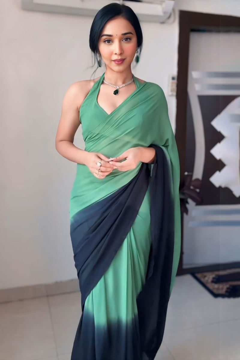 Most Sizzling 1-Minute Ready To Wear Green and Black Georgette Saree