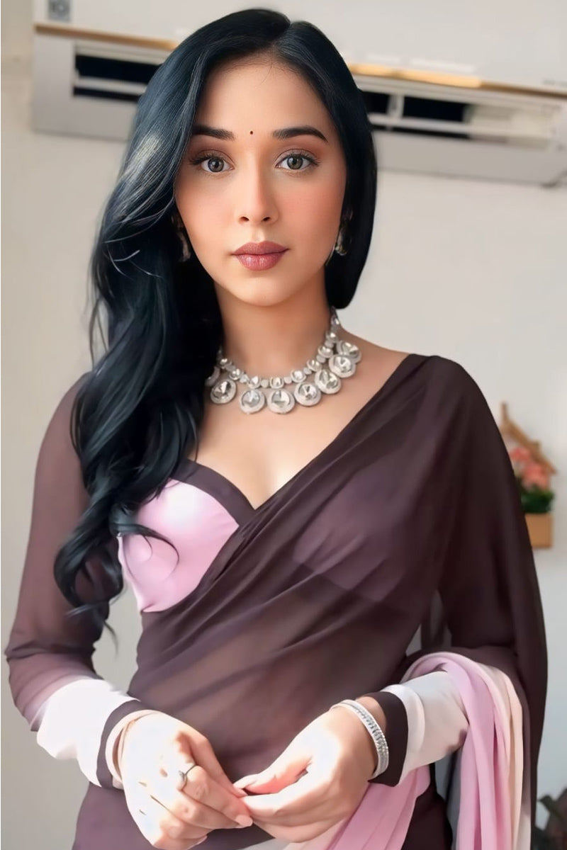 Flameboyant 1-Minute Ready To Wear Brown and Pink Georgette Saree
