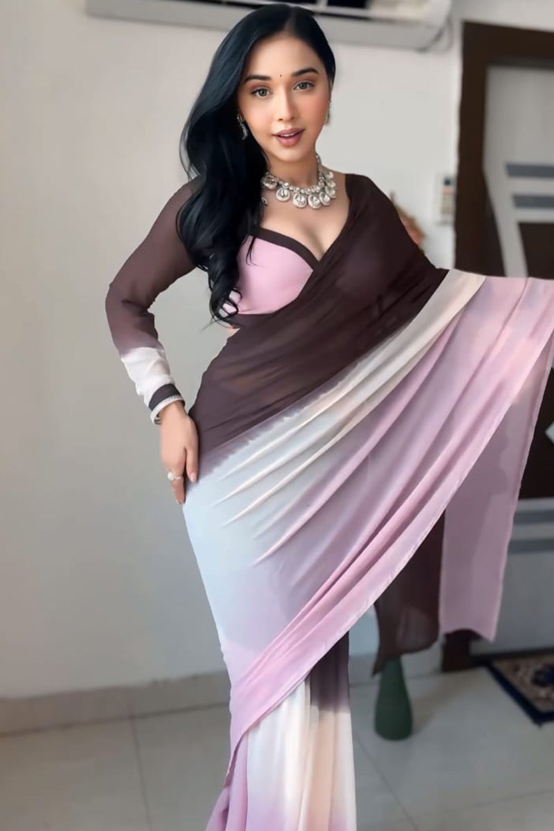 Flameboyant 1-Minute Ready To Wear Brown and Pink Georgette Saree