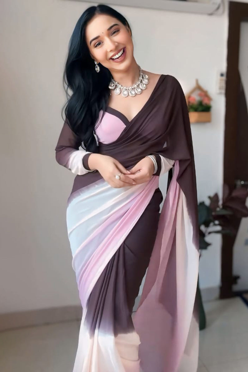Flameboyant 1-Minute Ready To Wear Brown and Pink Georgette Saree