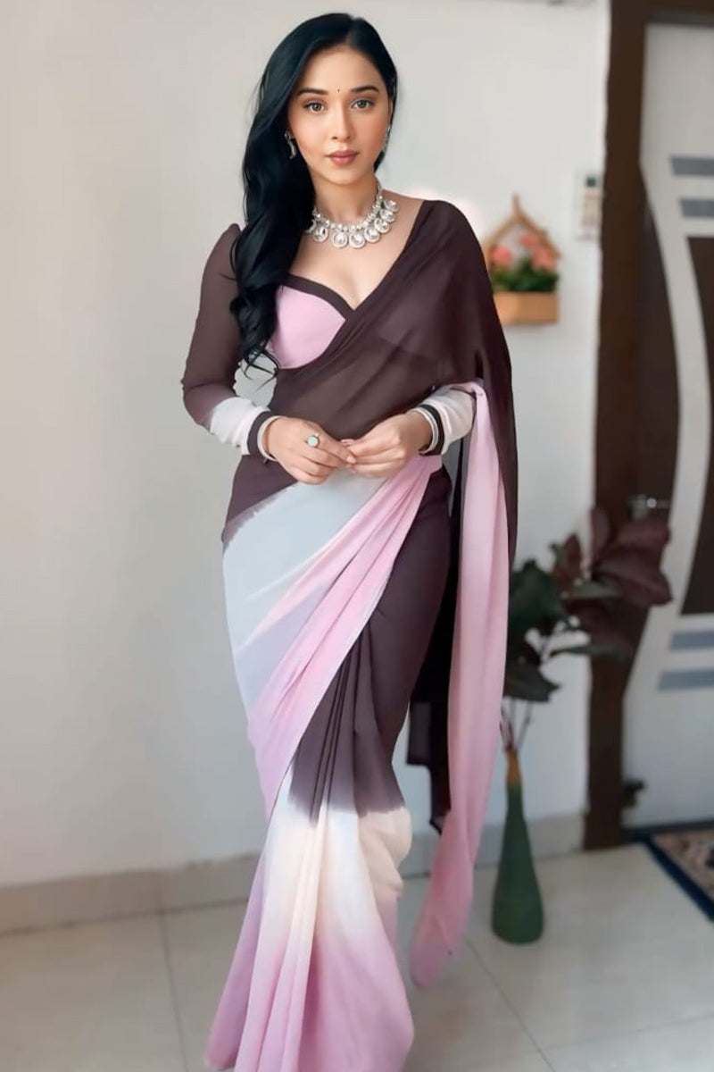 Flameboyant 1-Minute Ready To Wear Brown and Pink Georgette Saree