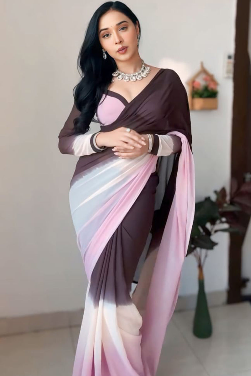 Flameboyant 1-Minute Ready To Wear Brown and Pink Georgette Saree