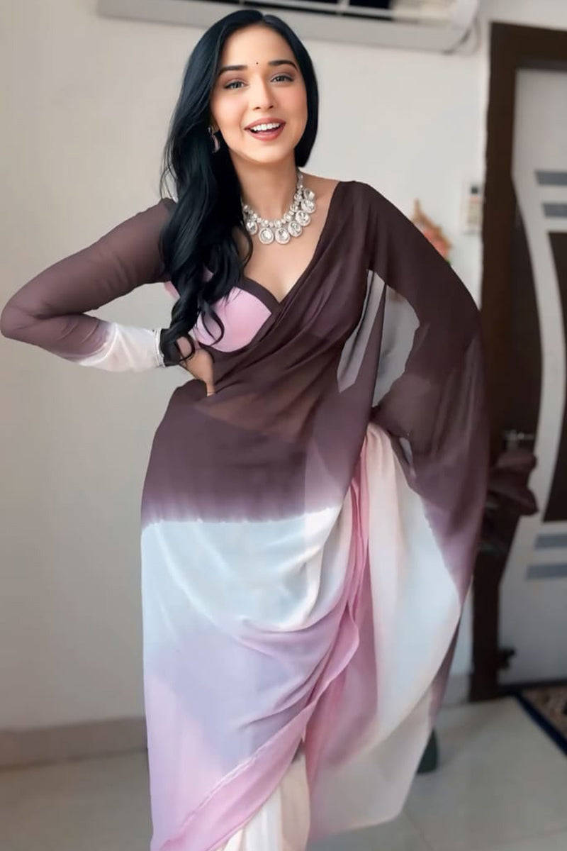 Flameboyant 1-Minute Ready To Wear Brown and Pink Georgette Saree