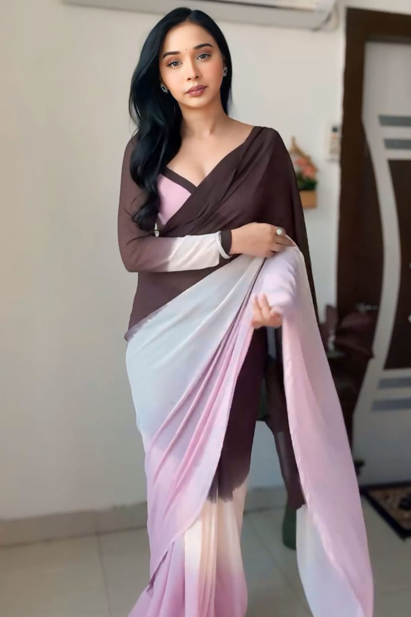 Flameboyant 1-Minute Ready To Wear Brown and Pink Georgette Saree