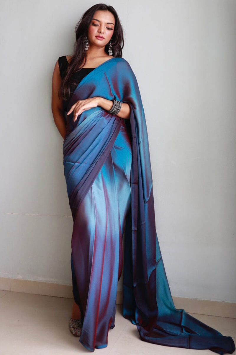 Supernal 1-Minute Ready To Wear Blue Chiffon Silk Saree