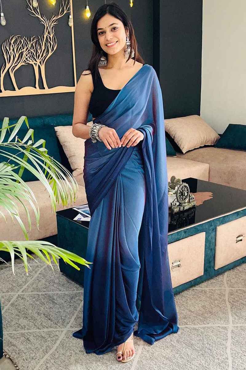 Supernal 1-Minute Ready To Wear Blue Chiffon Silk Saree