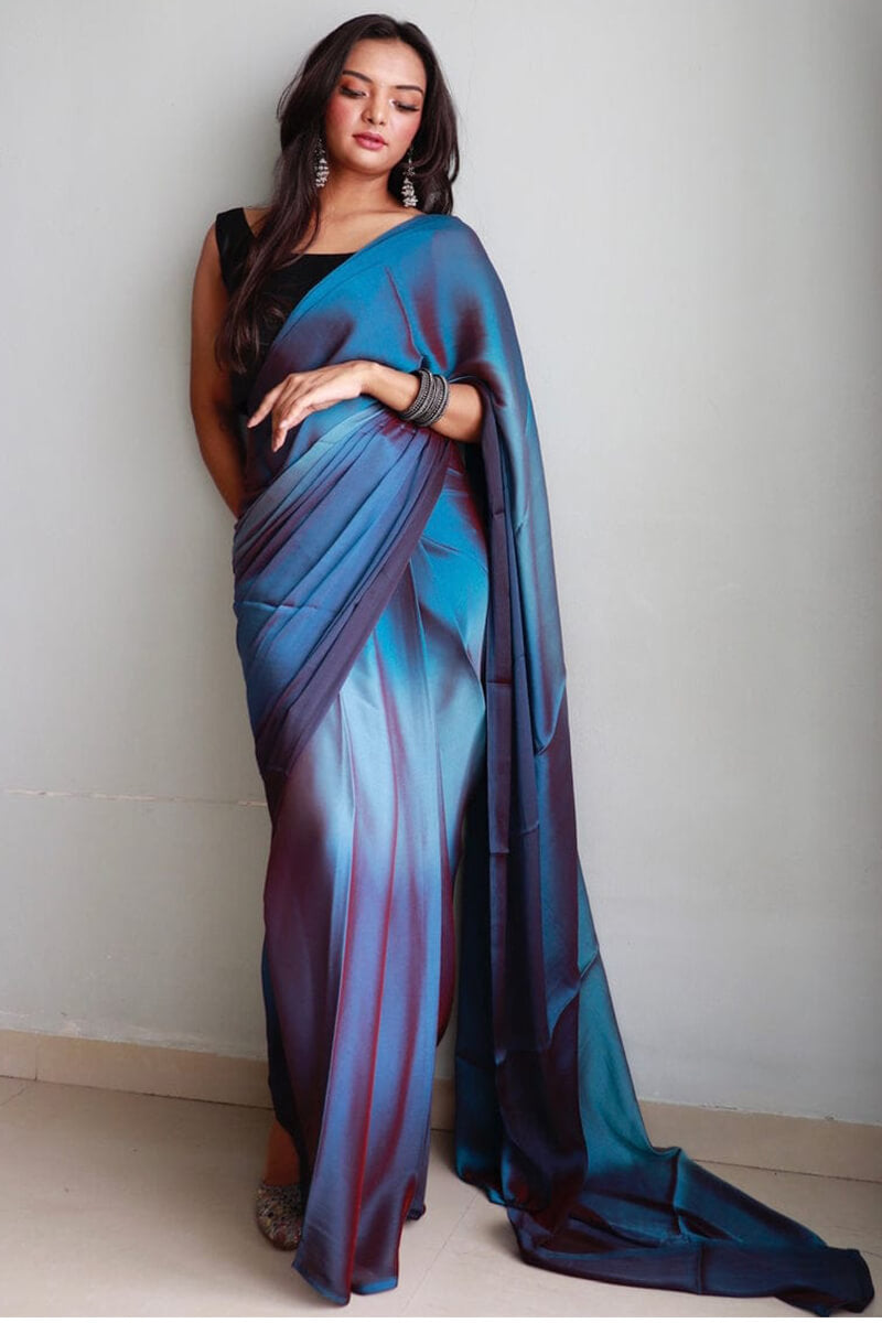 Supernal 1-Minute Ready To Wear Blue Chiffon Silk Saree