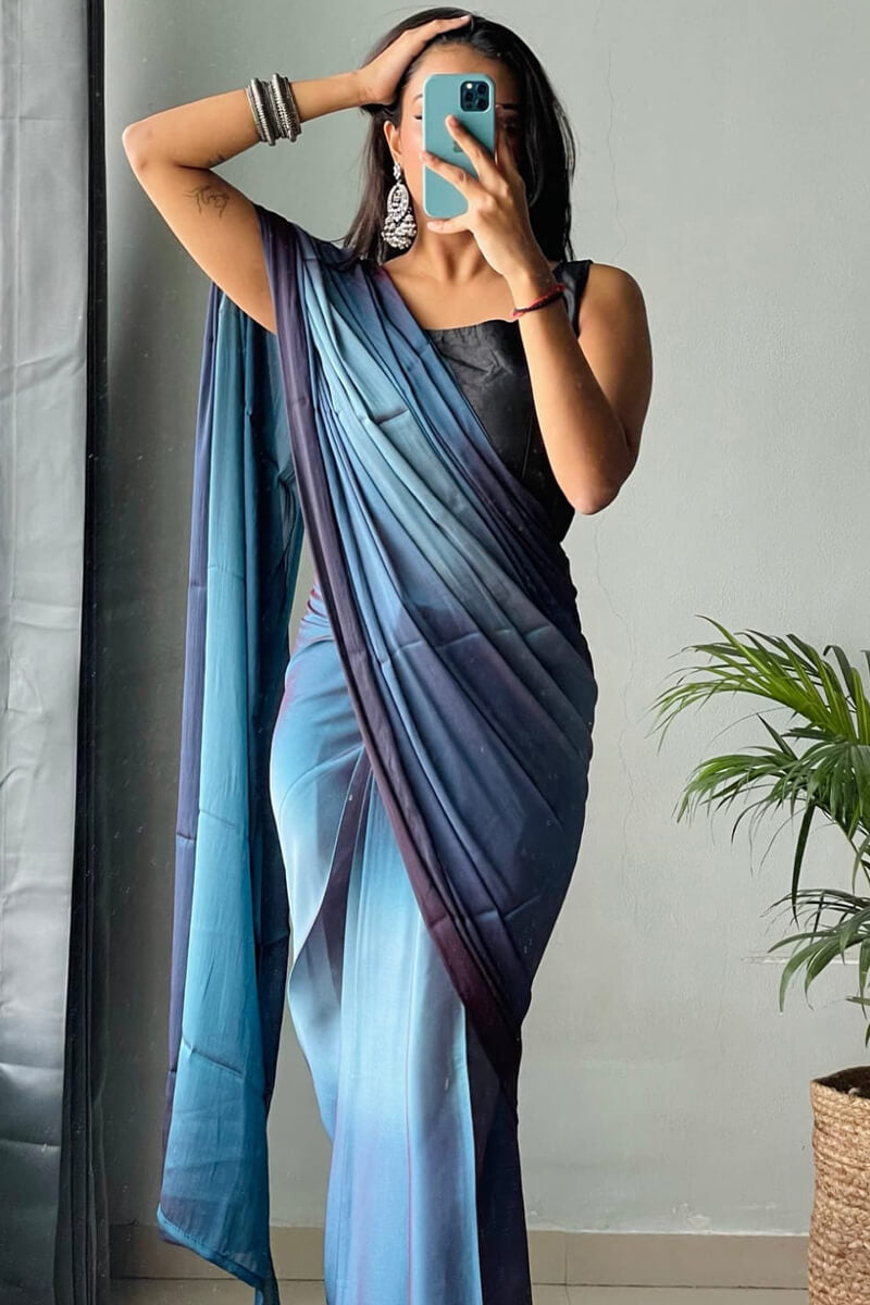 Supernal 1-Minute Ready To Wear Blue Chiffon Silk Saree