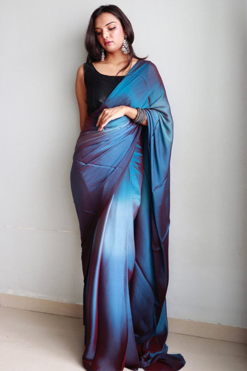 Supernal 1-Minute Ready To Wear Blue Chiffon Silk Saree