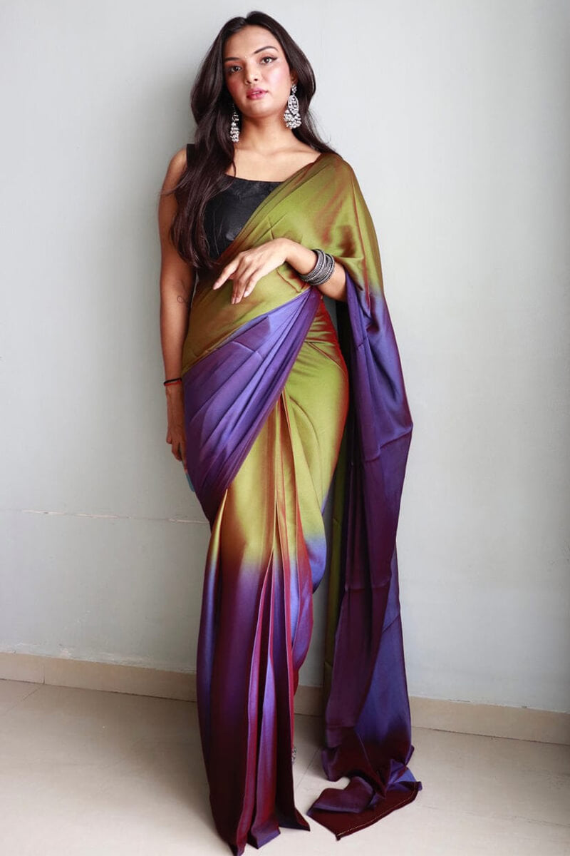 Whimsical 1-Minute Ready To Wear Mehndi and Blue Chiffon Silk Saree